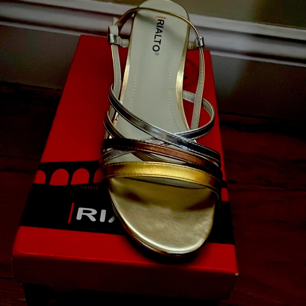 Rialto Sandals with small heel and Silver/Gold/Champagne/Copper straps